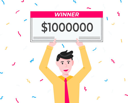 Happy lottery winner with big prize paycheck. Fortune lottery or casino gambling lucky games concept flat style design vector illustration isolated white background. Man standing up with check.