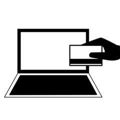 Hand holding credit card with laptop computer icon vector illustration isolated on white background. Internet banking, Online shopping and payment, e business concept.