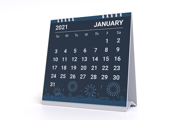 3D Rendering - Calendar for january with fireworks theme. 2021 Monthly calendar week starts on sunday.