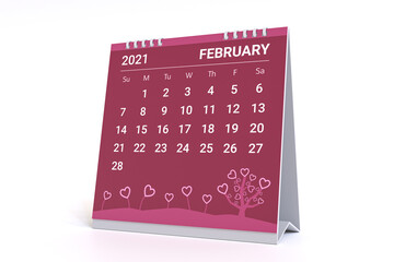 3D Rendering - Calendar for February with valentine theme. 2021 Monthly calendar week starts on sunday.