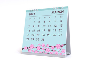 3D Rendering - Calendar for March with flower theme. 2021 Monthly calendar week starts on sunday.