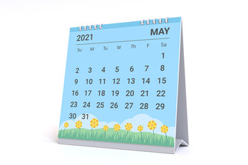 3D Rendering - Calendar for May with spring theme. 2021 Monthly calendar week starts on sunday.