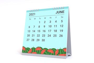 3D Rendering - Calendar for June with watermelon theme. 2021 Monthly calendar week starts on sunday.