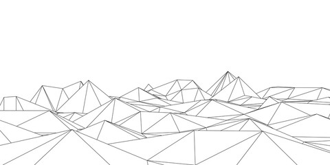 Black and white abstract futuristic 3D map. 3D space landscape background. Vector triangle grid. 