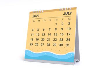 3D Rendering - Calendar for July with summer beach theme. 2021 Monthly calendar week starts on sunday.