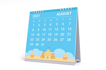 3D Rendering - Calendar for August with sand castle theme. 2021 Monthly calendar week starts on sunday.