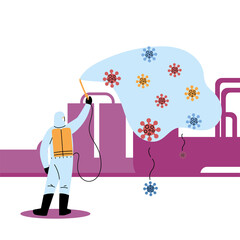 Man wearing protective suit and disinfectant isolated to avoid covid 19, disinfecting structures
