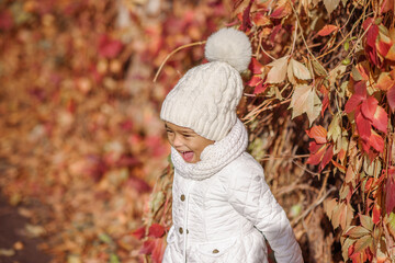 Child in autumn orange leaves.