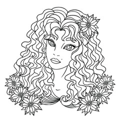 Girl with flowers portrait. Hand drawn vector illustration for coloring book pages for adult. Girl with big eyes and curly hair. Glamour art.