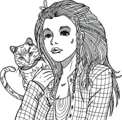 Girl with a cat. Vector portrait. Hand drawn illustration with zentangle elements. Coloring book page for adult. Fashion illustration.