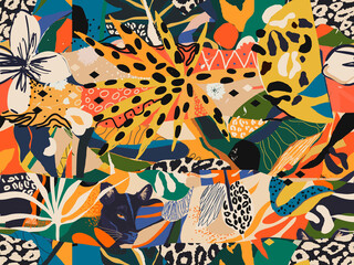 Abstract kleurrijk exotisch illustratiepatroon. Creatief collage eigentijds naadloos patroon. Modieuze sjabloon voor ontwerp. Afrikaanse stijl.