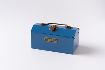 blue metal tool box on white background