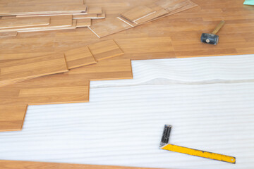 Man installing new laminated wooden floor