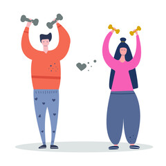 Man and woman do sports together, they hold dumbbells, fitness classes at home, online. Body positive concept.