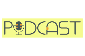 Podcast text with microphone, logo. Vector illustration.