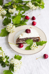 Piece of homemade cherry cake with whipping cream and cherry berry on top surrounded with flowering  branches on white tablecloth