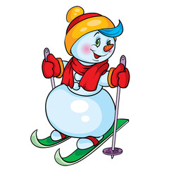 cute snowman character is skiing, isolated object on white background, vector illustration,
