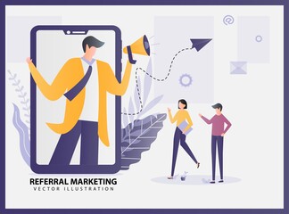 Illustration vector Referral marketing concept with a handphone and people work. refer a friend, friend loyalty program, promotion method.
Can use for a landing page, web banner, infographics.