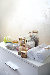 Fototapeta na wymiar Spa and bath treatments at home vertical background.