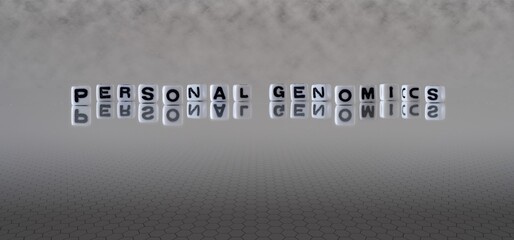 personal genomics concept represented by black and white letter cubes on a grey horizon background stretching to infinity