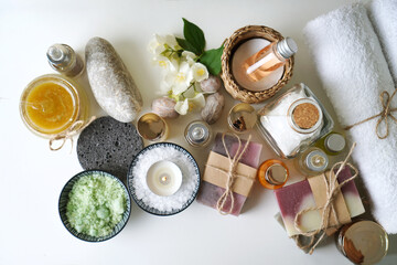 Fototapeta na wymiar Spa and beauty products on the white table top view.
