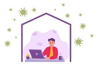 The guy stay at home.Freelancer is working on a laptop.Coronavirus pandemic infection.Quarantine self isolation. Man sitting home.Flat vector illustration