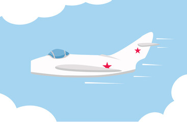 Combat jet fighter MiG-17.Flying a jet plane.Vector flat illustration.