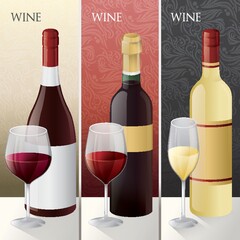 Set of different wine bottles with glass