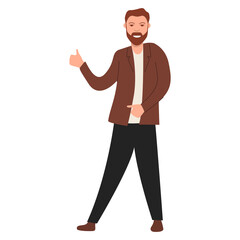 Happy man shows thumb up.Guy thumb lifted up. Vector flat character.