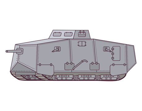 German tank A7V of the World War 1.Armored vehicle with a gun and machine gun.Realistic vector illustration