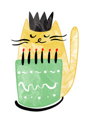 Illustration of a cat pet in watercolor style with a texture of different colors on a white isolated background.