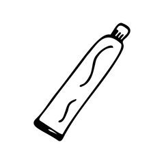 Hand drawn tube of toothpaste isolated on a white background. Doodle, simple outline illustration. It can be used for decoration of textile, paper and other surfaces.