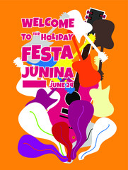 Festa Junina, Vector illustrations for poster, abstract banner, background or card for the brazilian holiday, festival, party and event, golden guitar, musicians and shops