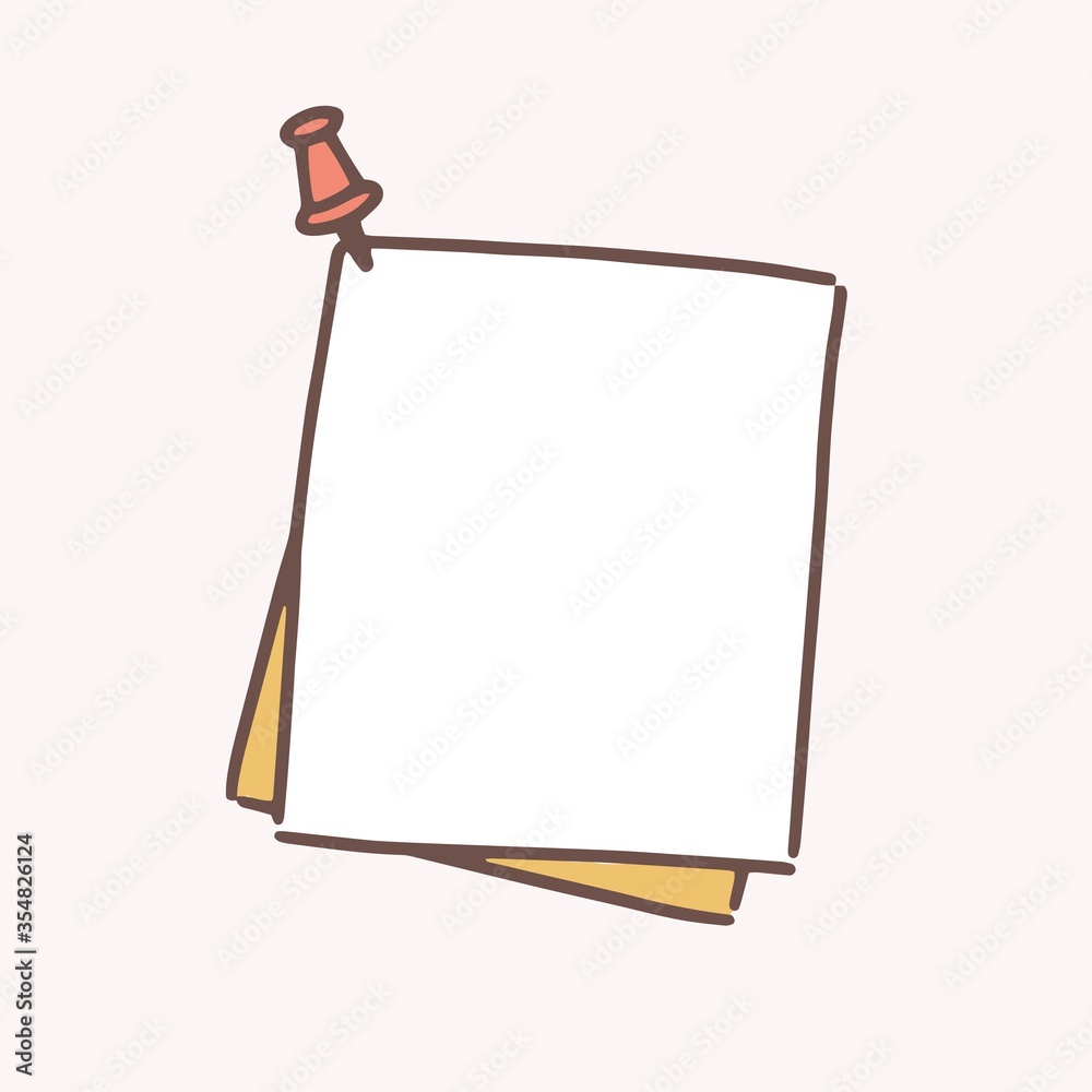 Poster clean hand drawn paper sheet attached with drawing pin vector flat illustration. reminder blank pinn