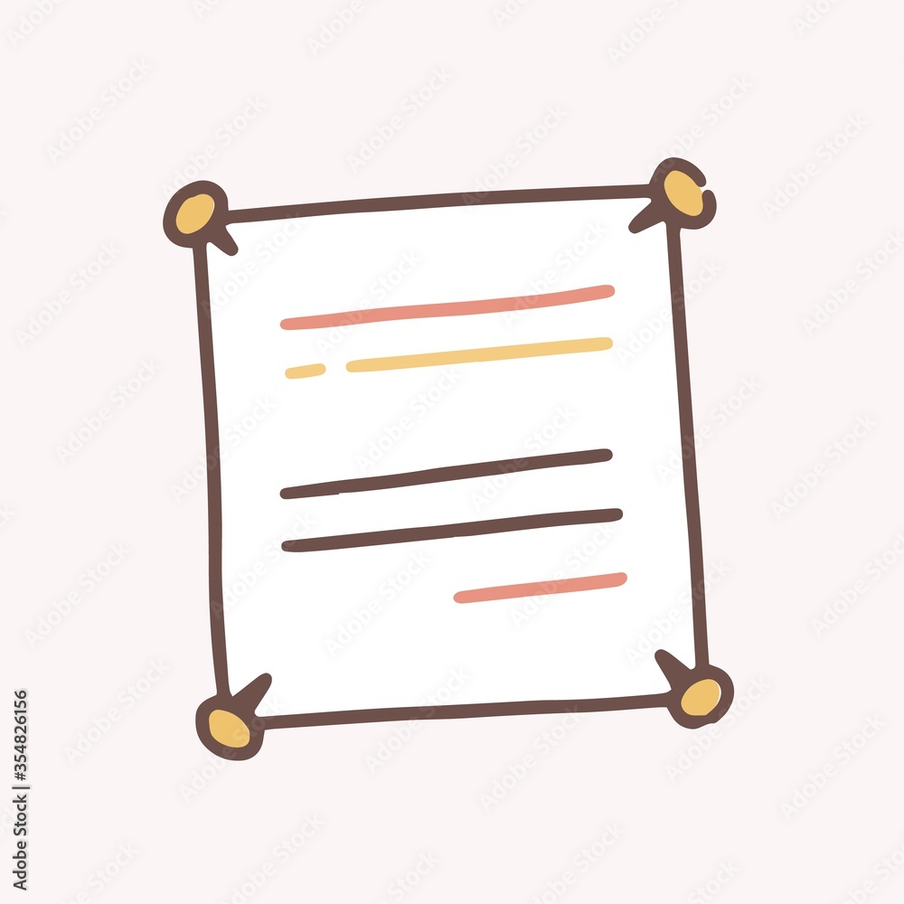 Poster Hand drawn note paper with line attached with four drawing pin vector flat illustration. Colorful notepaper sheet for notes with pushpin isolated on white. Reminder memo with message or information