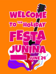 Festa Junina, Vector illustrations for poster, abstract banner, background or card for the brazilian holiday, festival, party and event, golden guitar, musicians and shops