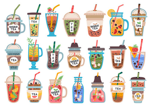 Collection of fruit drinks, smoothies. Bubble tea