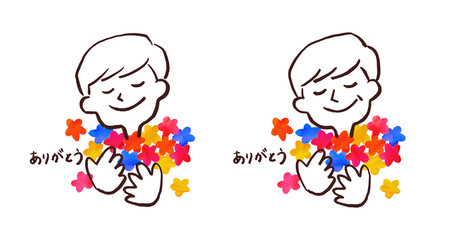 花束を抱き微笑む男性のイラスト