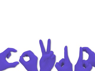 COVID hand gestures with purple glove on white background