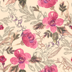 Watercolor Seamless Pattern with Flowers and Leaves.
