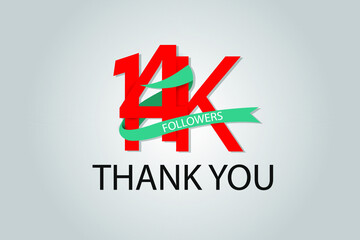 14K, 14.000 Thank you followers social media. Red logo with Tosca ribbon. For Social Medias, internet ads - Vector