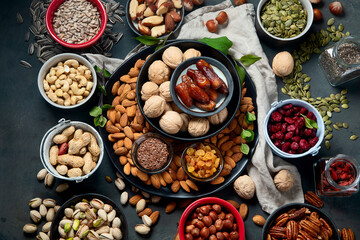 Different types of nuts, seeds and dried fruits