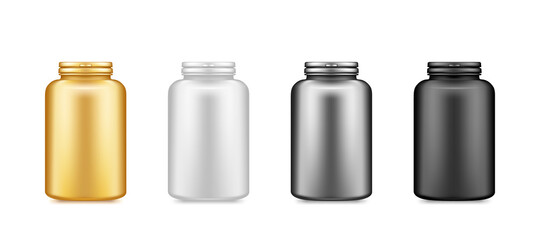 Gold, silver, black supplement plastic bottle mockup isolated on white background. Package design. Blank dietary, sport or fitness nutrition, healthcare template. 3d realistic vector illustration