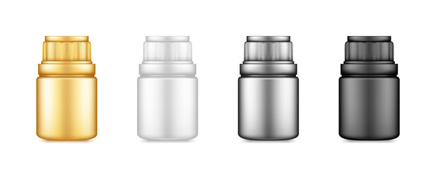 Black, gold, silver pills or supplement bottle mockup isolated on white background. Plastic package design. Blank sport, dietary nutrition, healthcare template. 3d realistic vector illustration