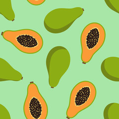 sweet whole papaya and cut papaya tropical exotic fruit summer orange green with seeds on a green background seamless pattern vector - 354828759