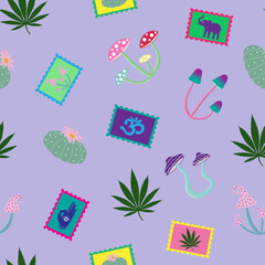 LSD stamps colorful peyote elephant om cannabis hand mushroom trip psychedelic drug on a purple background seamless pattern magic hippie psilocybin retro vector - 354828760