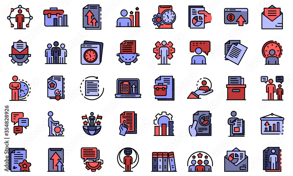 Poster office manager icons set. outline set of office manager vector icons for web design isolated on whit