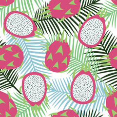 sweet whole dragon fruit on green and blue palm leaves background pattern summer exotic tropical fruit hawaii sweet seamless vector - 354829110