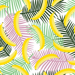 yellow pastel banana on a green and pink palm leaves background exotic summer tropical fruit hawaii sweet seamless pattern vector - 354829170