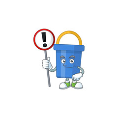 Caricature picture of blue sand bucket holding a sign